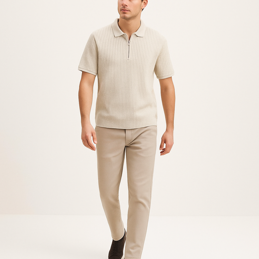 Men's Beige Half-Zip Polo Shirt – Structured Old Money Style-Cole Clothing-Beige-XS-Cole Clothing
