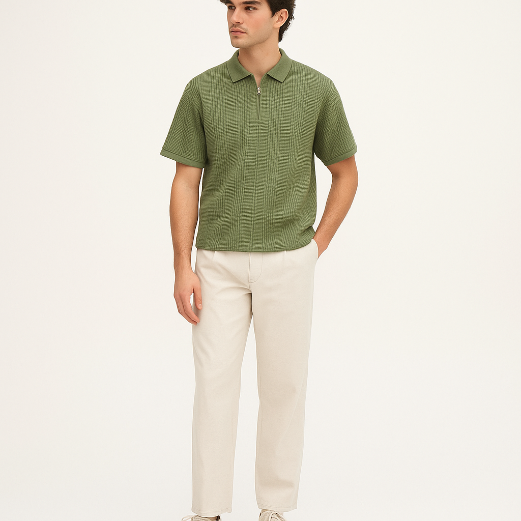Men's Beige Half-Zip Polo Shirt – Structured Old Money Style-Cole Clothing-Green-XS-Cole Clothing