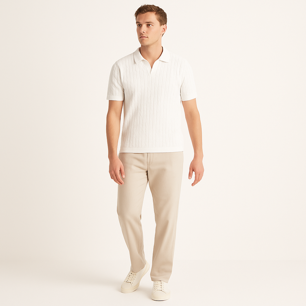 Men's V-Neck Cable Polo Shirt – Summer Top-Cole Clothing-White-XS-Cole Clothing