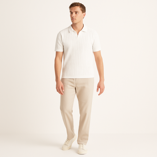 Men's V-Neck Cable Polo Shirt – Summer Top-Cole Clothing-White-XS-Cole Clothing