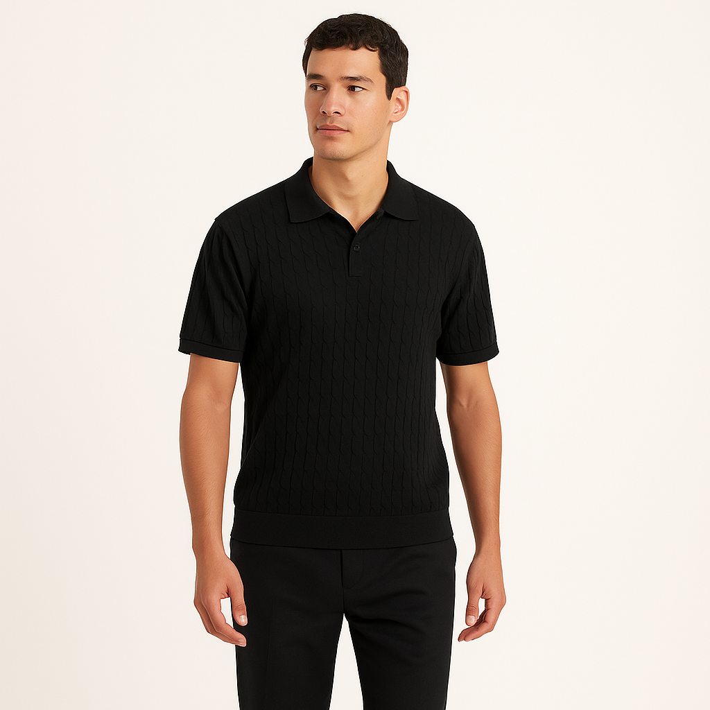Men's V-Neck Cable Polo Shirt – Summer Top-Cole Clothing-Black-XS-Cole Clothing