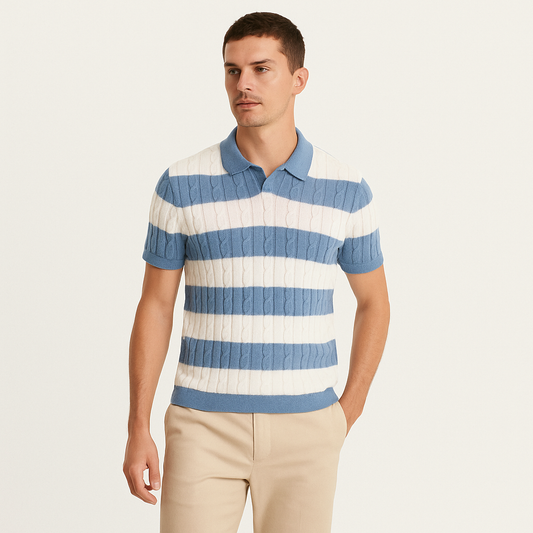 Men’s White & Blue Cable Knit Short Sleeve Polo Shirt-Cole Clothing-Blue-S-Cole Clothing