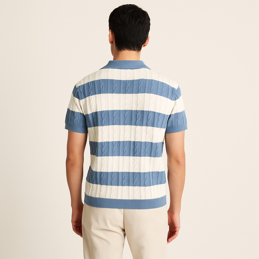 Men’s White & Blue Cable Knit Short Sleeve Polo Shirt-Cole Clothing-Cole Clothing