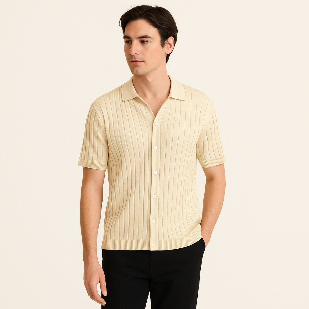 Men's Ribbed Knit Polo Shirt – Short Sleeve, Lapel Collar, Beige-Cole Clothing-Beige-M-Cole Clothing