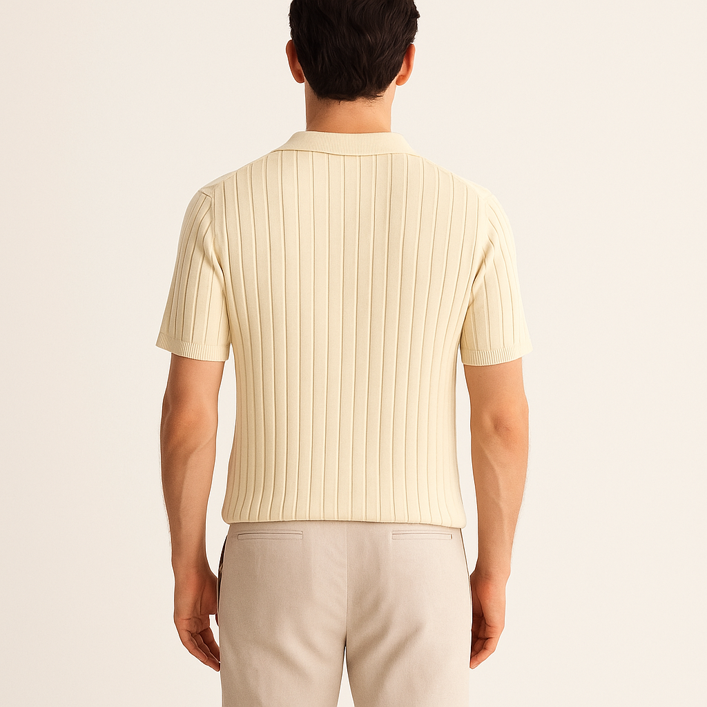 Men's Ribbed Knit Polo Shirt – Short Sleeve, Lapel Collar, Beige-Cole Clothing-Cole Clothing