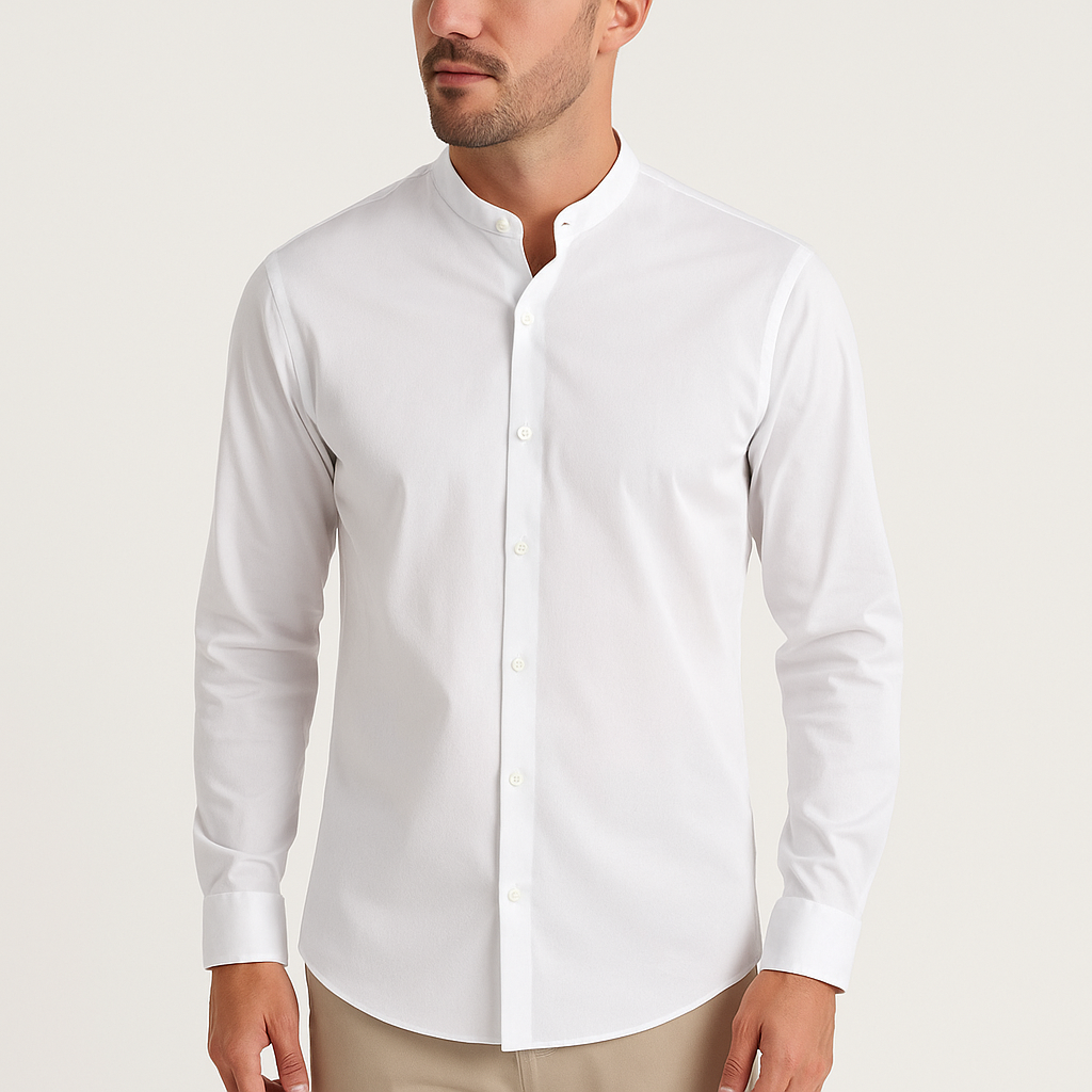 White Linen Cotton Blend Grandad Collar Shirt – Long Sleeve Summer Fit-Cole Clothing-White-S-Cole Clothing