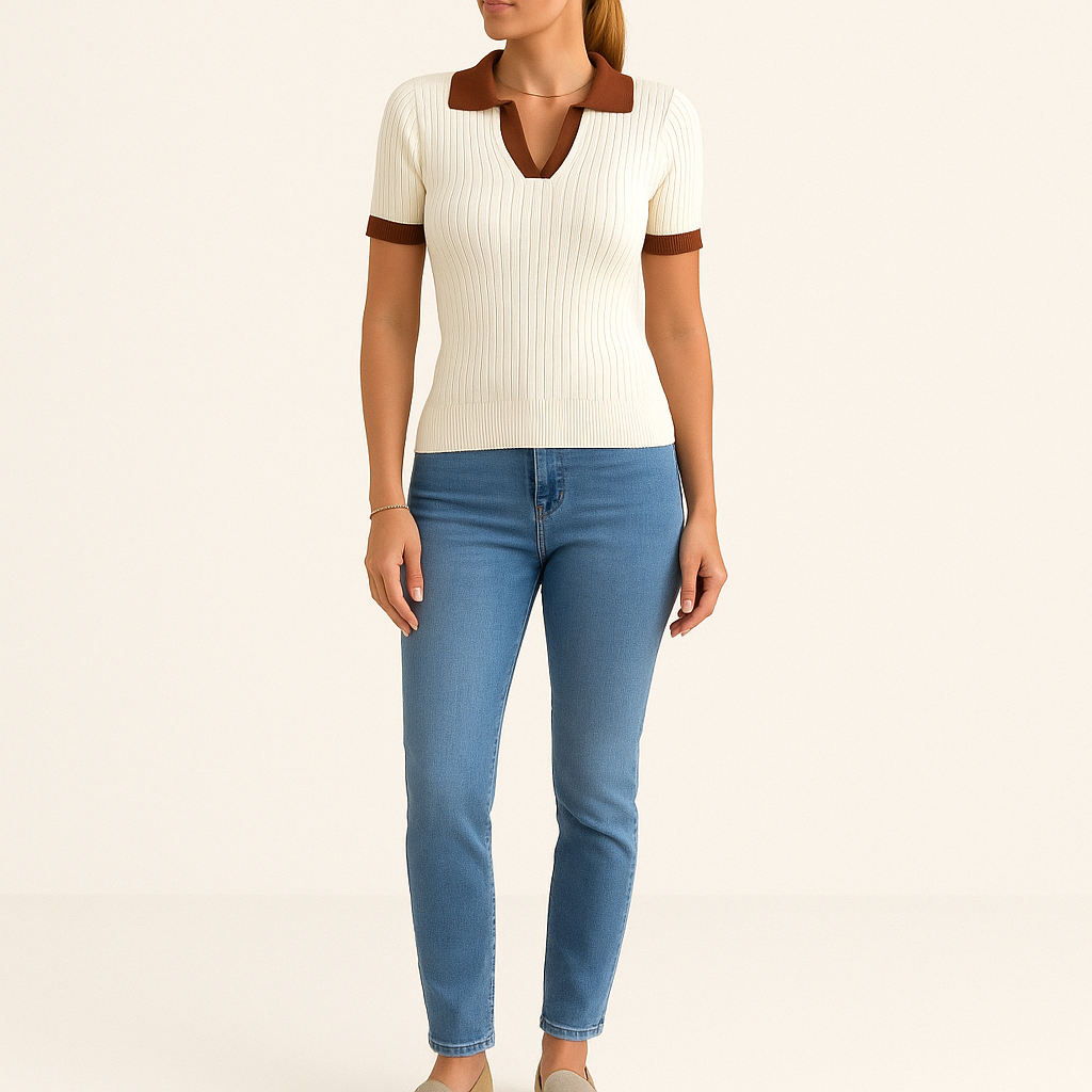 Women's Colour Block Polo Shirt with Notched Collar-Cole Clothing-Milky-S-Cole Clothing