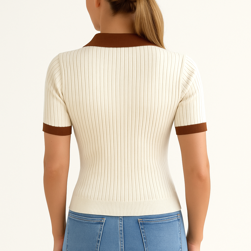 Women's Colour Block Knitted Polo Shirt with Notched Collar-Cole Clothing-Cole Clothing