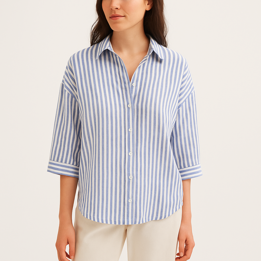 Women's Cotton Blend Striped Button-Down Shirt – Classic Fit-Cole Clothing-Blue-XS-Cole Clothing