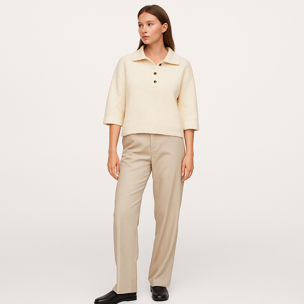 Women's Cream Cropped Knitted Polo Shirt with Gold Buttons-Cole Clothing-Cream-XS-Cole Clothing