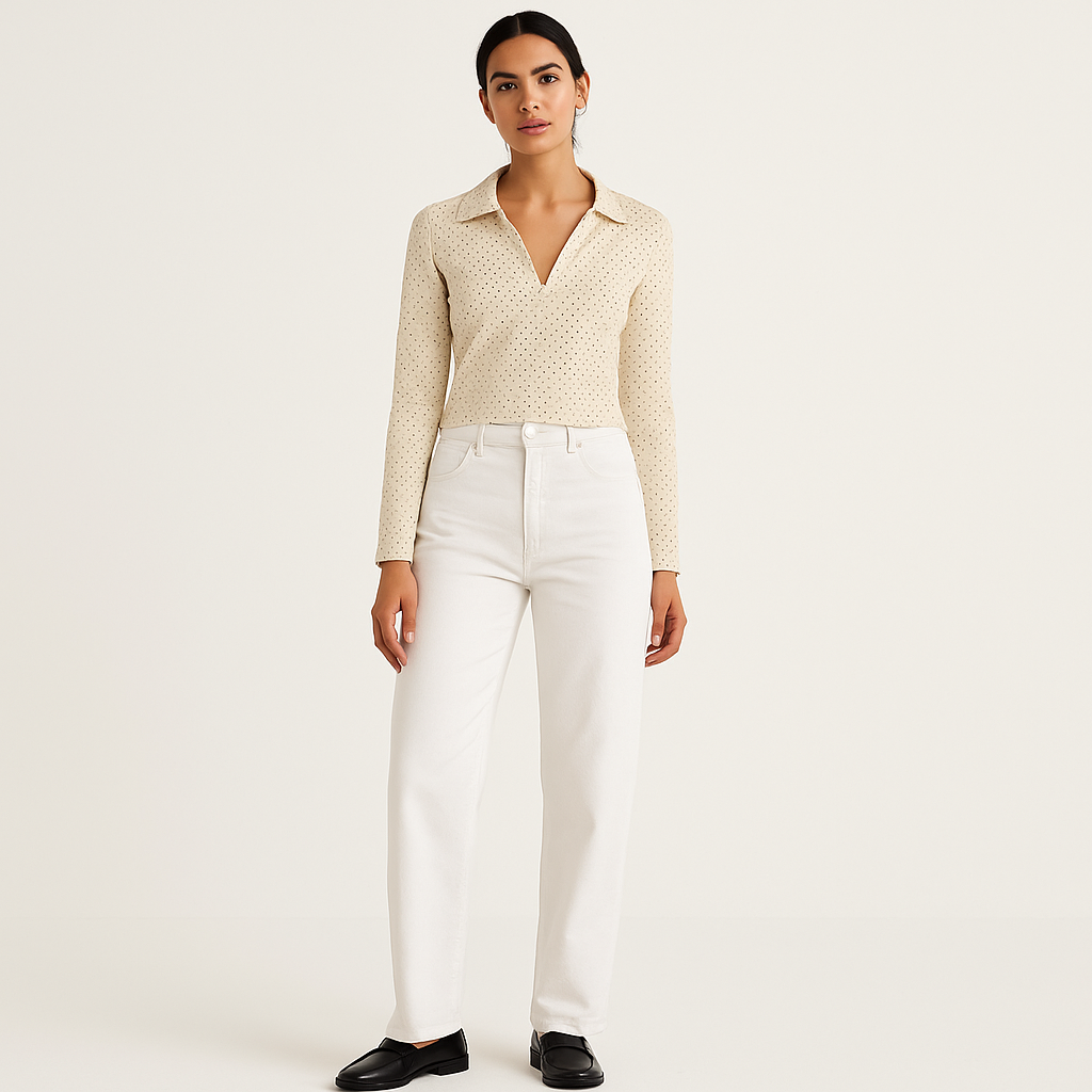 Women's Cream Dotted Knit V-Neck Short Sleeve T-Shirt-Cole Clothing-Cream-XS-Cole Clothing