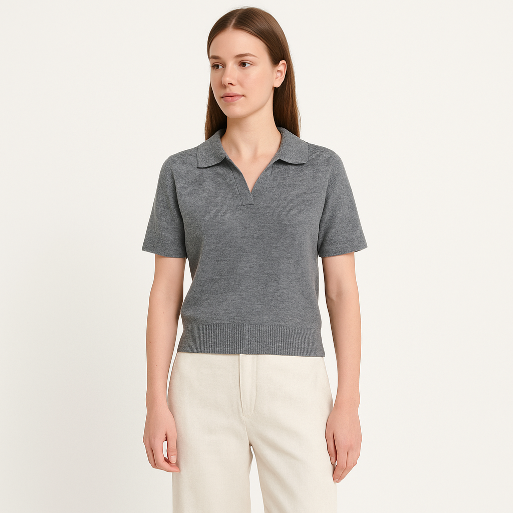 Women's Grey V-Neck Knit Polo Shirt – Summer Casual-Cole Clothing-Gray-XS-Cole Clothing