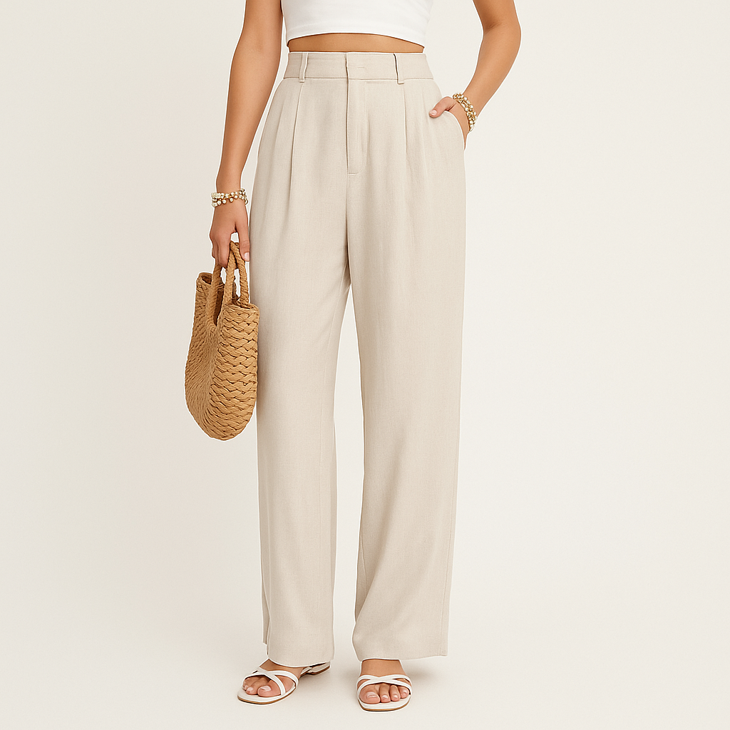 Women's High-Waisted Pleated Straight-Leg Cotton Blend Trousers – Apricot-Cole Clothing-Apricot-S-Cole Clothing