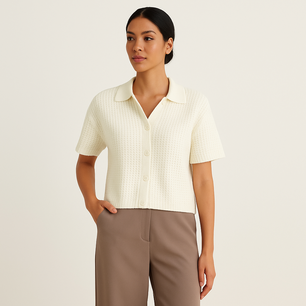 Women’s Knitted Short Sleeve Button Top – Dotted Texture-Cole Clothing-White-XXS-Cole Clothing