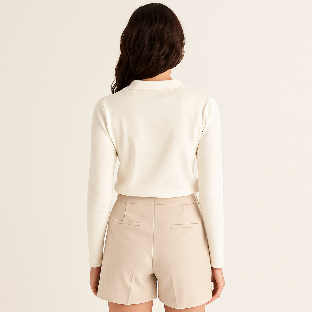 Women's Ribbed Long Sleeve Polo Shirt – Elegant Notched Collar Top-Cole Clothing-Cole Clothing