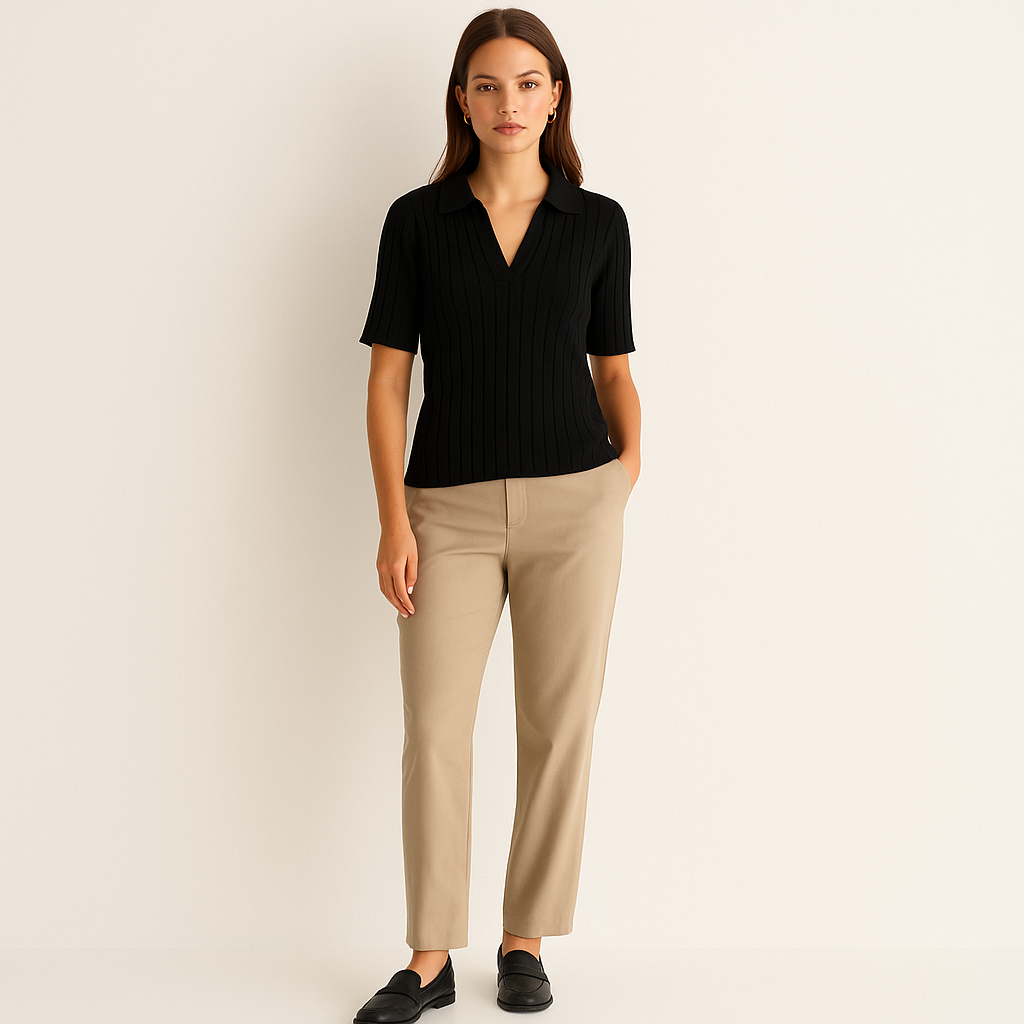 Women's Ribbed Polo Shirt – Short Sleeve Straight Collar Knit Top-Cole Clothing-Black-XS-Cole Clothing