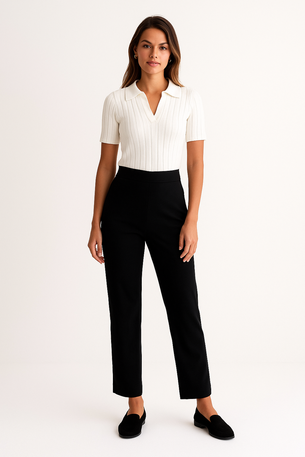 Women's Ribbed Polo Shirt – Short Sleeve Straight Collar Knit Top-Cole Clothing-White-XS-Cole Clothing