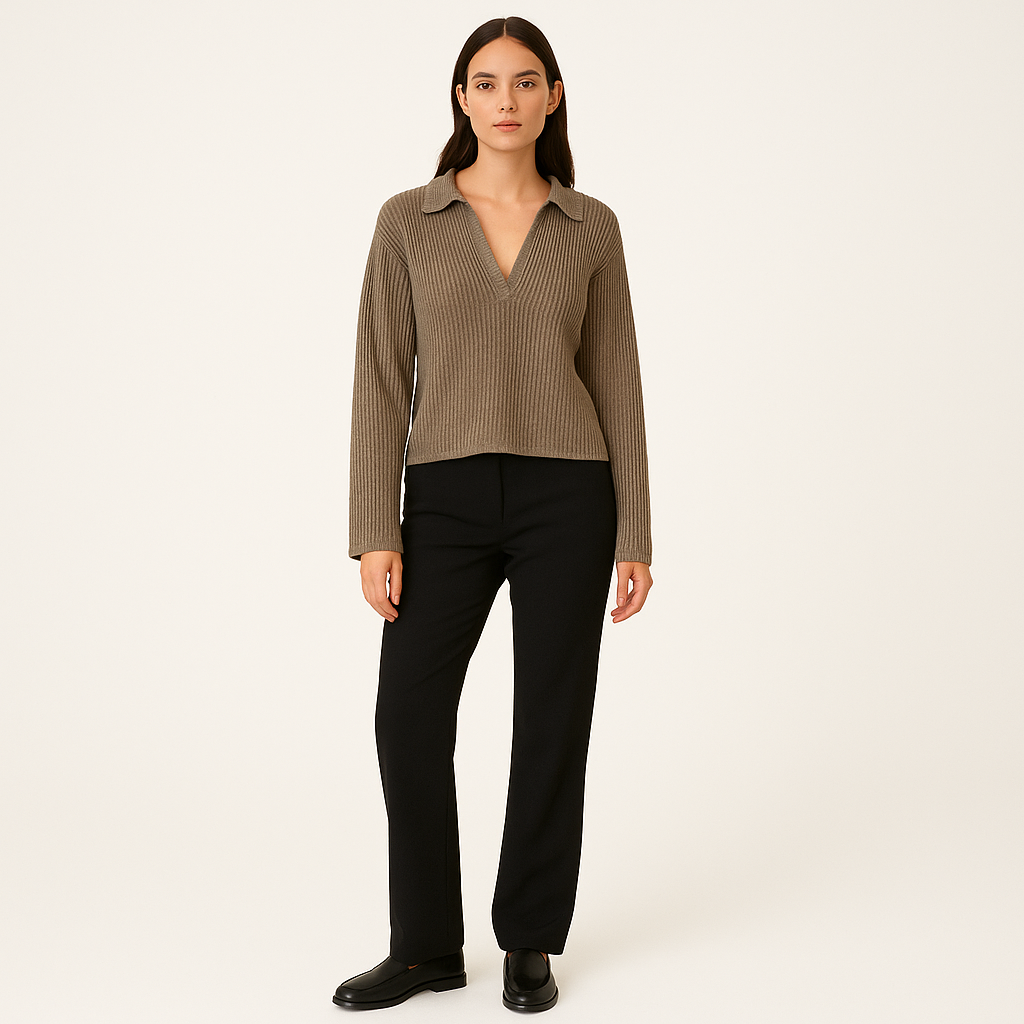 Women's Ribbed Knit V-Neck Polo Shirt – Short Sleeve Summer Top-Cole Clothing-Brown-XS-Cole Clothing