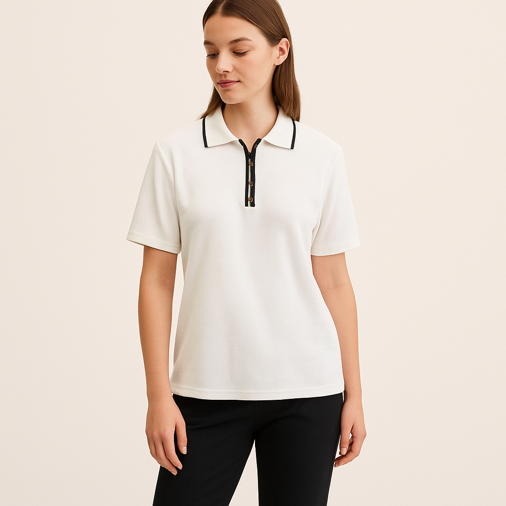 Women's Slim Fit Contrast Trim Button-Up Polo Shirt – Elegant Summer Style-Cole Clothing-White-XS-Cole Clothing