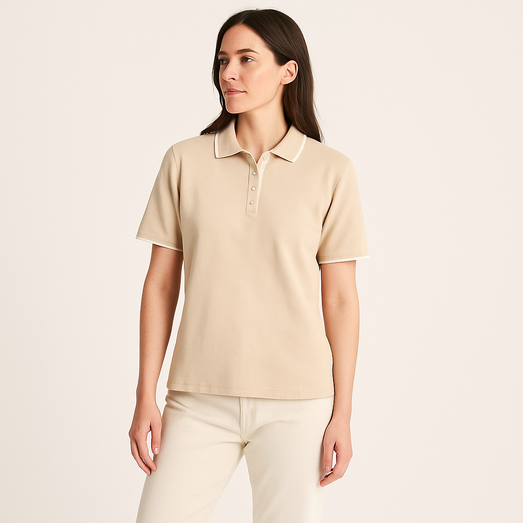 Women's Slim Fit Contrast Trim Button-Up Polo Shirt – Elegant Summer Style-Cole Clothing-Beige-XS-Cole Clothing