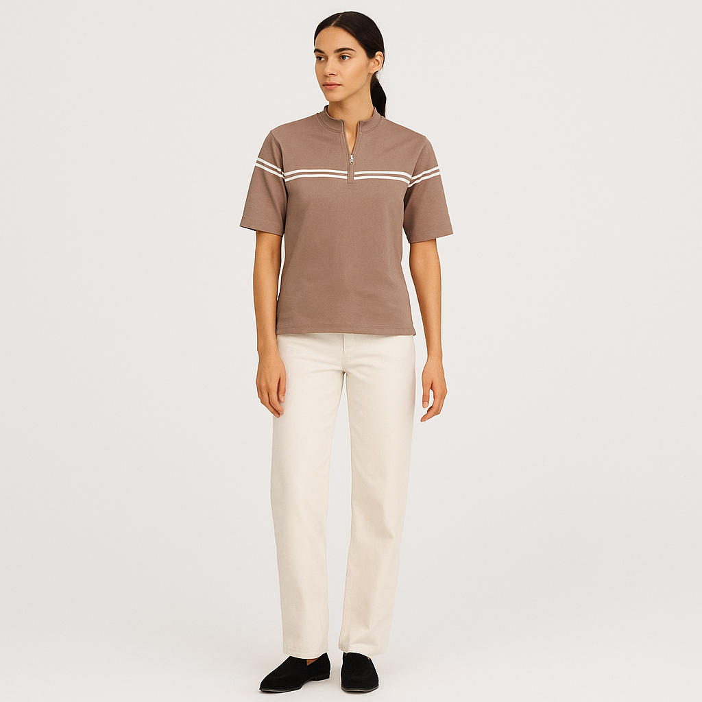 Women's Zip-Up Striped Cotton Polo Shirt – Elegant Summer Top-Cole Clothing-Cole Clothing