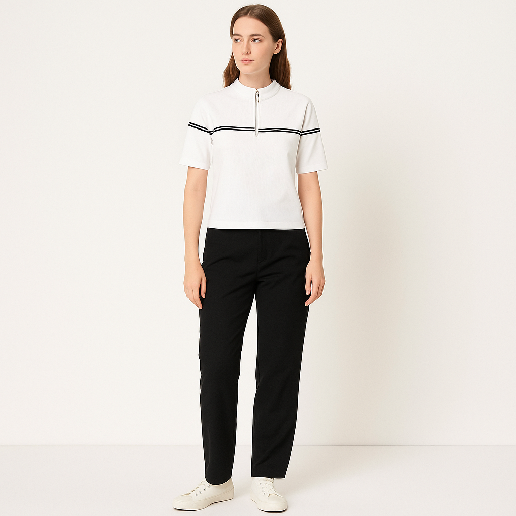 Women's Zip-Up Striped Cotton Polo Shirt – Elegant Summer Top-Cole Clothing-Cole Clothing