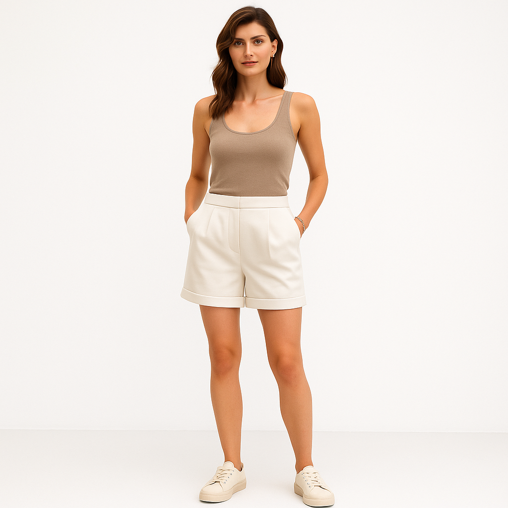 High-Waisted Cotton Tucked Shorts with Rolled Hem – Cole Clothing