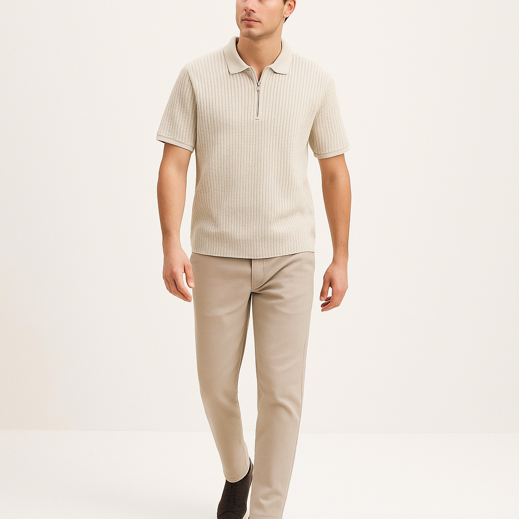 Men's Beige Half-Zip Polo Shirt – Structured Old Money Style-Cole Clothing-Beige-XS-Cole Clothing