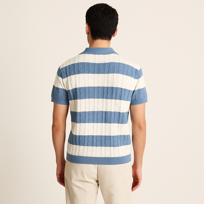 Men’s White & Blue Cable Knit Short Sleeve Polo Shirt-Cole Clothing-Cole Clothing