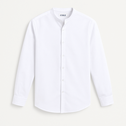 White Cotton-Linen Blend Grandad Collar Shirt – Long Sleeve Summer Fit