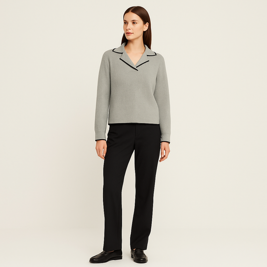 Women's Grey Lapel Collar Contrast Trim Knit Sweater-Cole Clothing-Gray-XS-Cole Clothing