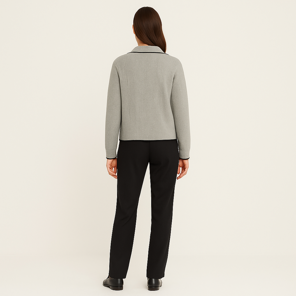 Women's Grey Lapel Collar Contrast Trim Knit Sweater-Cole Clothing-Cole Clothing