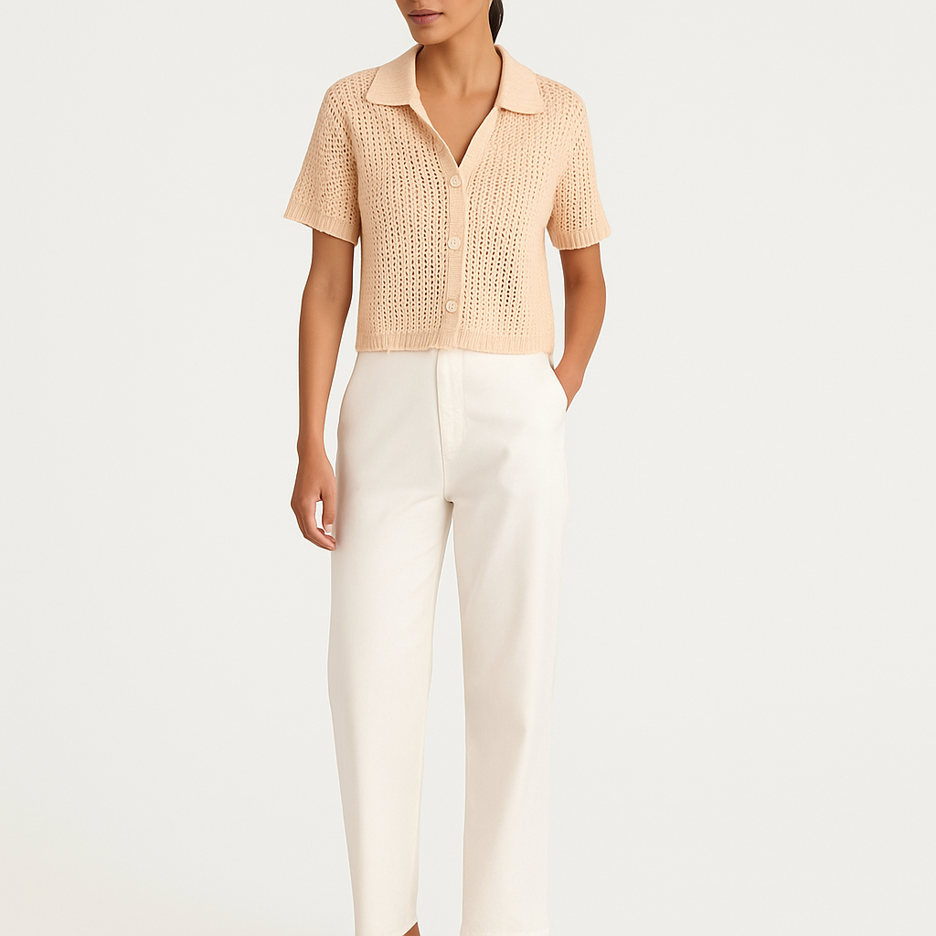 Women’s Knitted Short Sleeve Button Top – Dotted Texture-Cole Clothing-Beige-XXS-Cole Clothing