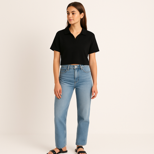 Women's Ribbed Cropped Polo Shirt – Short Sleeve Summer Top-Cole Clothing-Black-XS-Cole Clothing