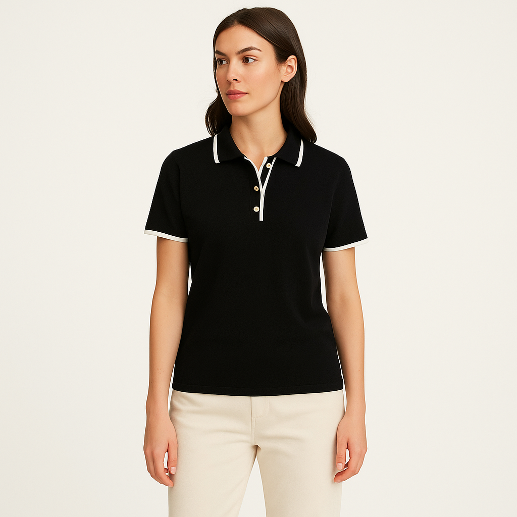 Women's Slim Fit Contrast Trim Button-Up Polo Shirt – Elegant Summer Style-Cole Clothing-Black-XS-Cole Clothing