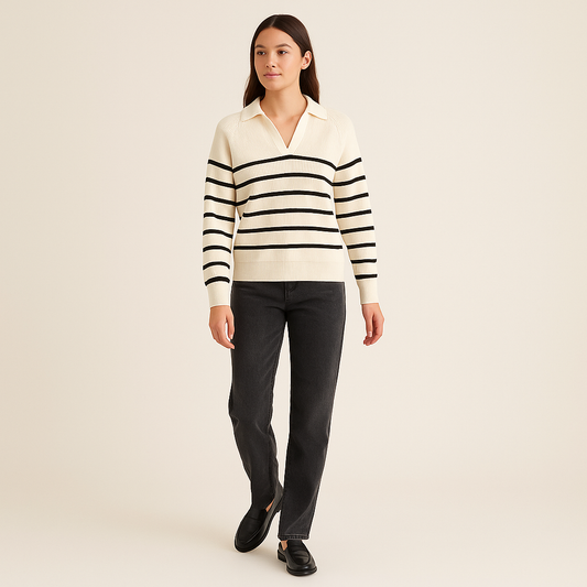 Women's Striped Raglan Sleeve Jumper with Classic Collar-Cole Clothing